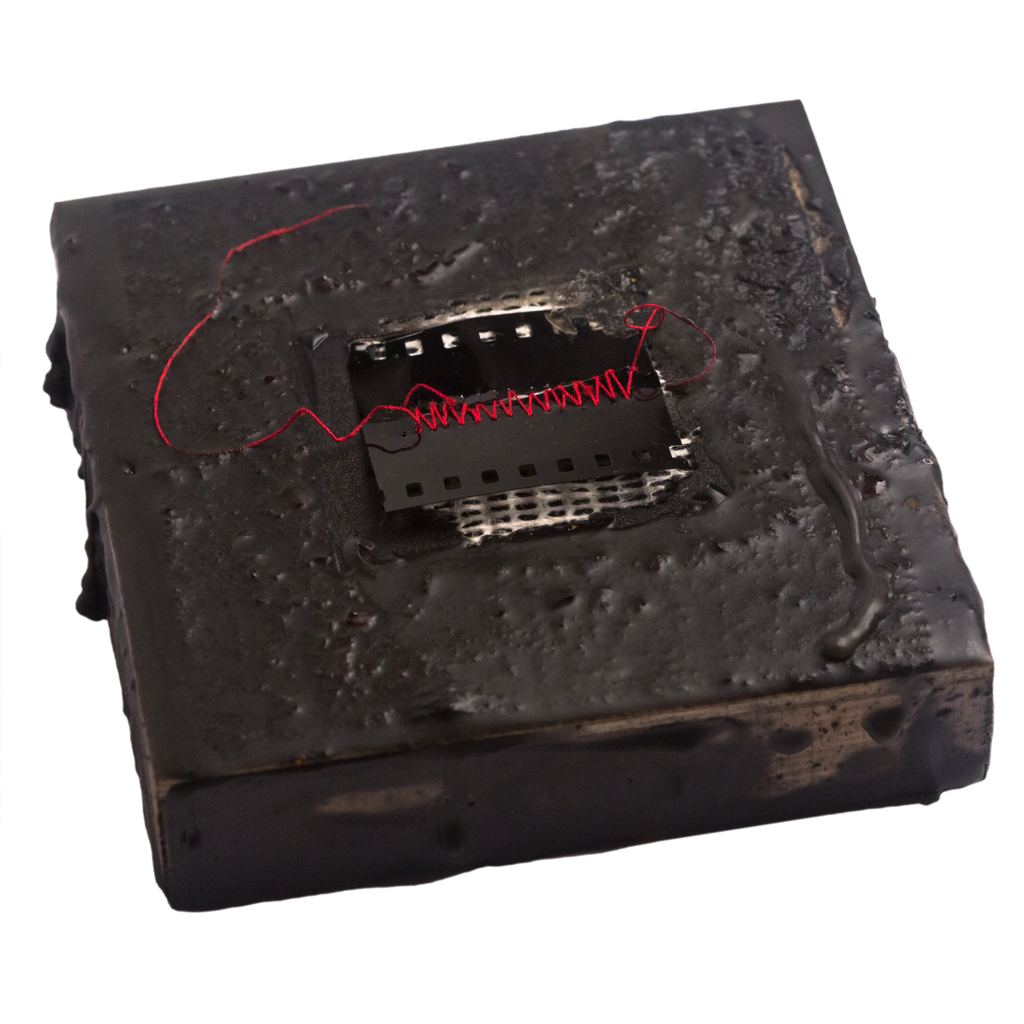 Cradled Wood Panel - Encaustic - 35mm Slide - Medical Gauze - Thread - 4x4x1 inches - 2016