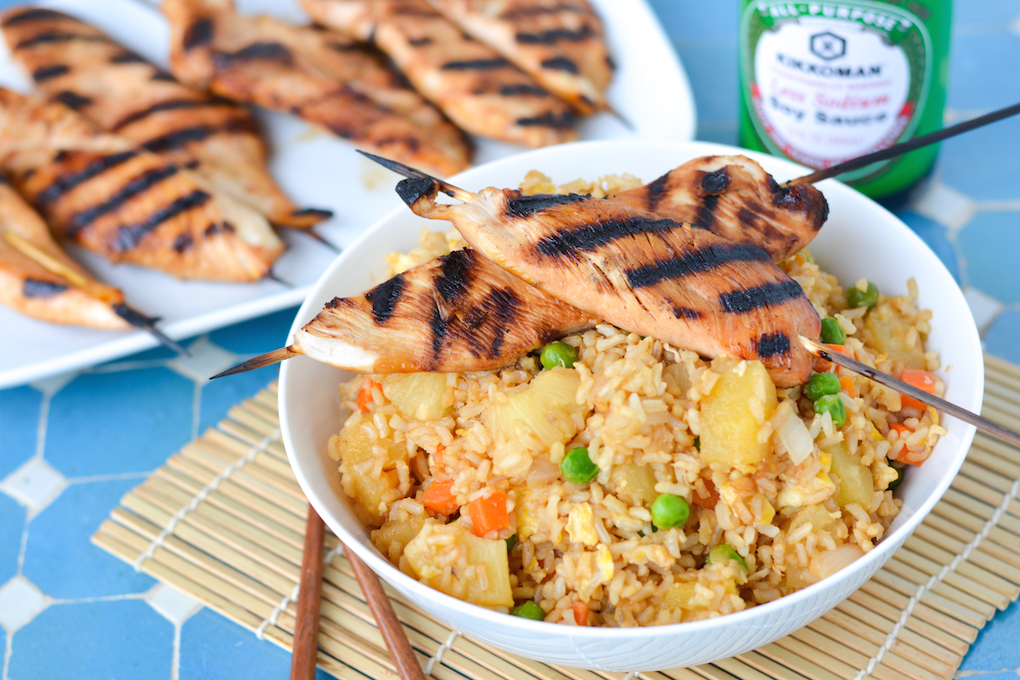 Pineapple Fried Rice with PineappleSoy Glazed Chicken Skewers