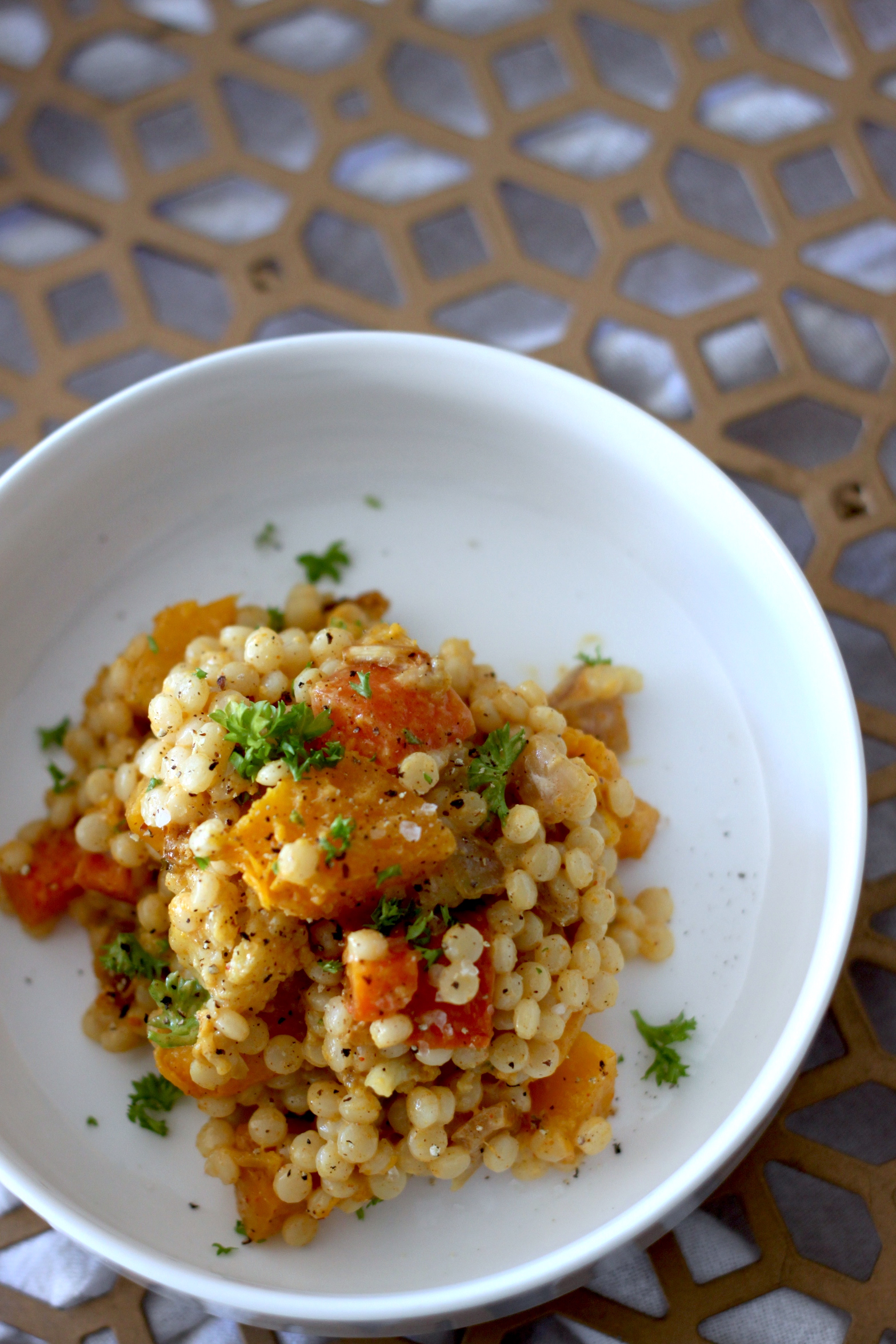 Curried Israeli Couscous with Roasted Root Vegetables jessica burns