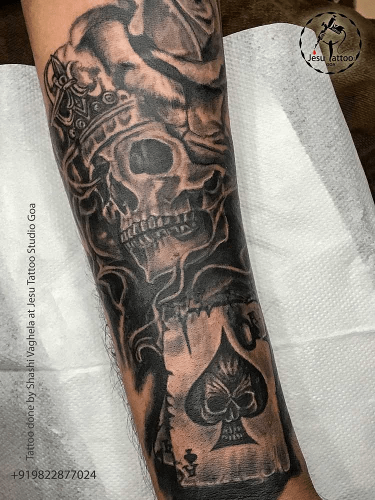 Realistic Skull Rose And Card Tattoo - Jesu Tattoo Studio