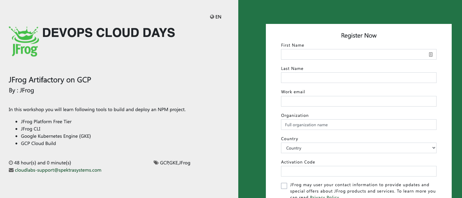 Get a GCP Environment JFrog DevOps on GCP
