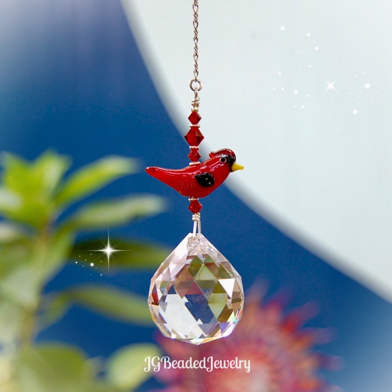 Red Cardinal Bird Crystal Suncatcher JGBeads