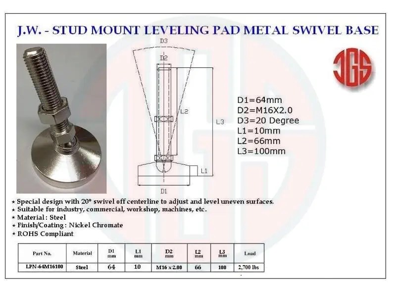 Stud Mount Leveling Pad Metal Swivel Base JGS INDUSTRIES (M) SDN BHD