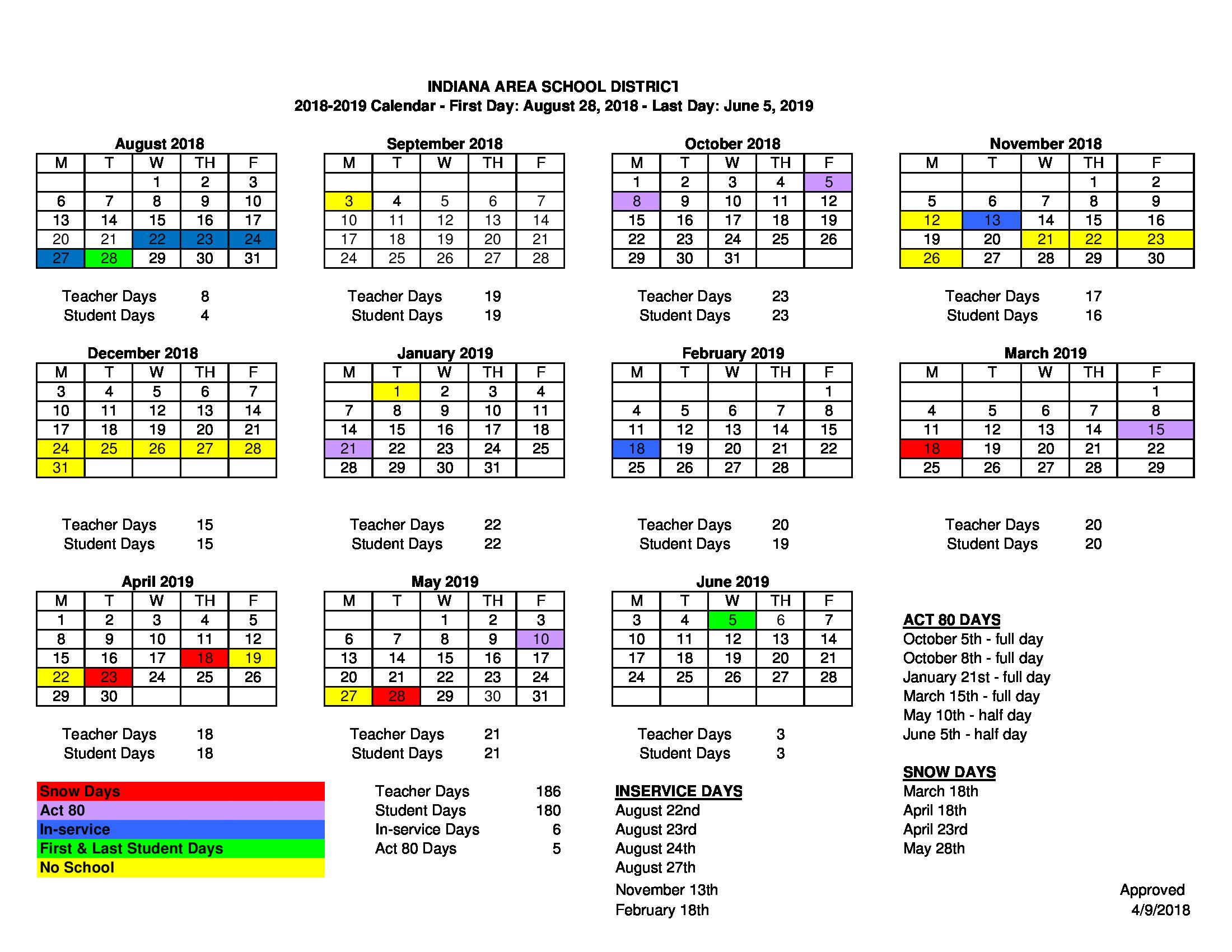 201819 School Calendar Indiana Area Junior High