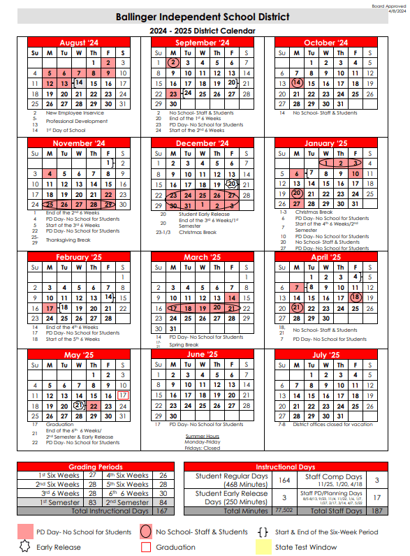 Ballinger ISD 20242025 Academic Calendar Ballinger Junior High