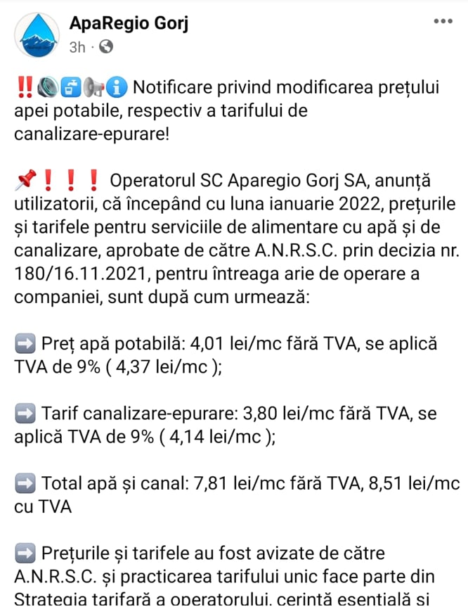 ApaRegio majorează tarifele din ianuarie. MC apă canal ajunge aproape