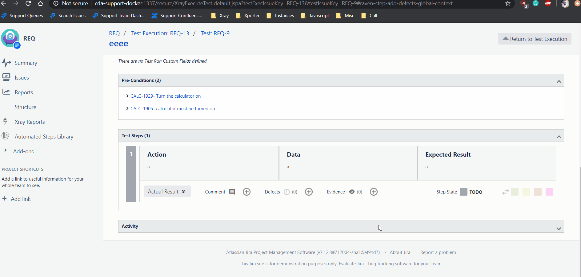 [XRAY6019] When associating a defect on the test step of the execution