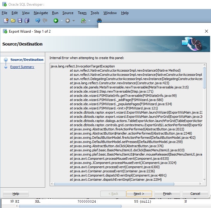 Oracle SQL Developer error while trying to export any result queries