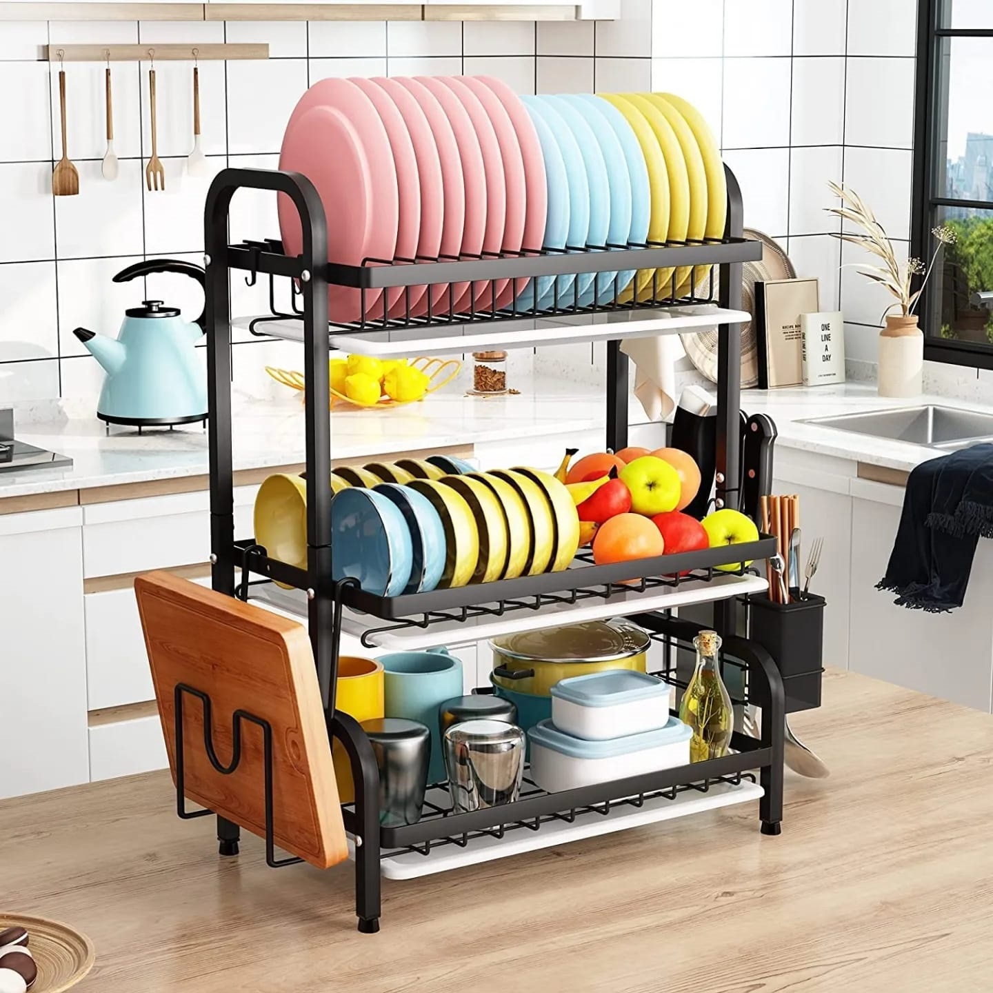 3 tier dish rack with cutlery holder & Chop Board Holder JJ