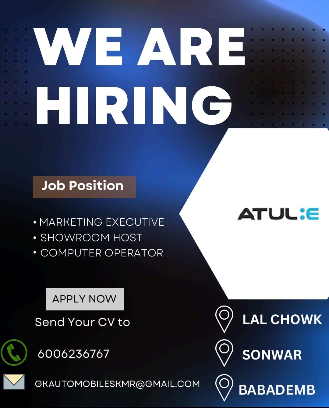 Marketing executive, Showroom host and Computer operator Jobs Jammu