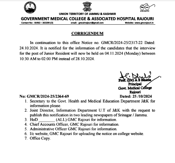 GMC Rajouri, New Interview Date Released for Junior Resident Posts