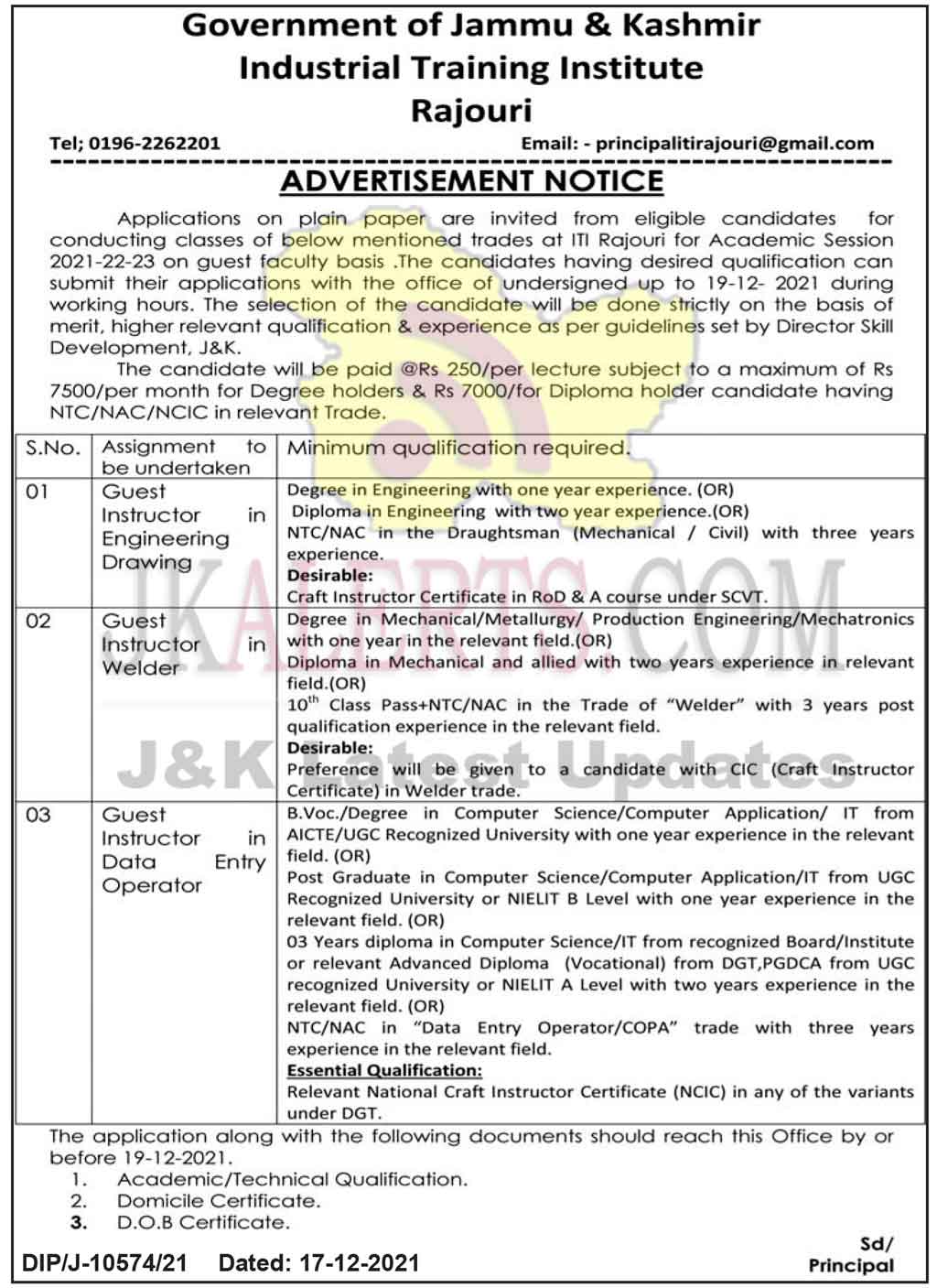 ITI Rajouri Jobs Recruitment 2021. JKAlerts JK Updates.
