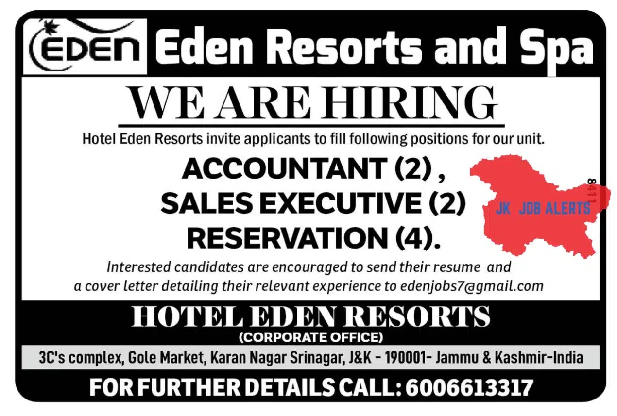 HOTEL EDEN RESORTS HIRING 2023 JK Job Alerts Find Job in Jammu and