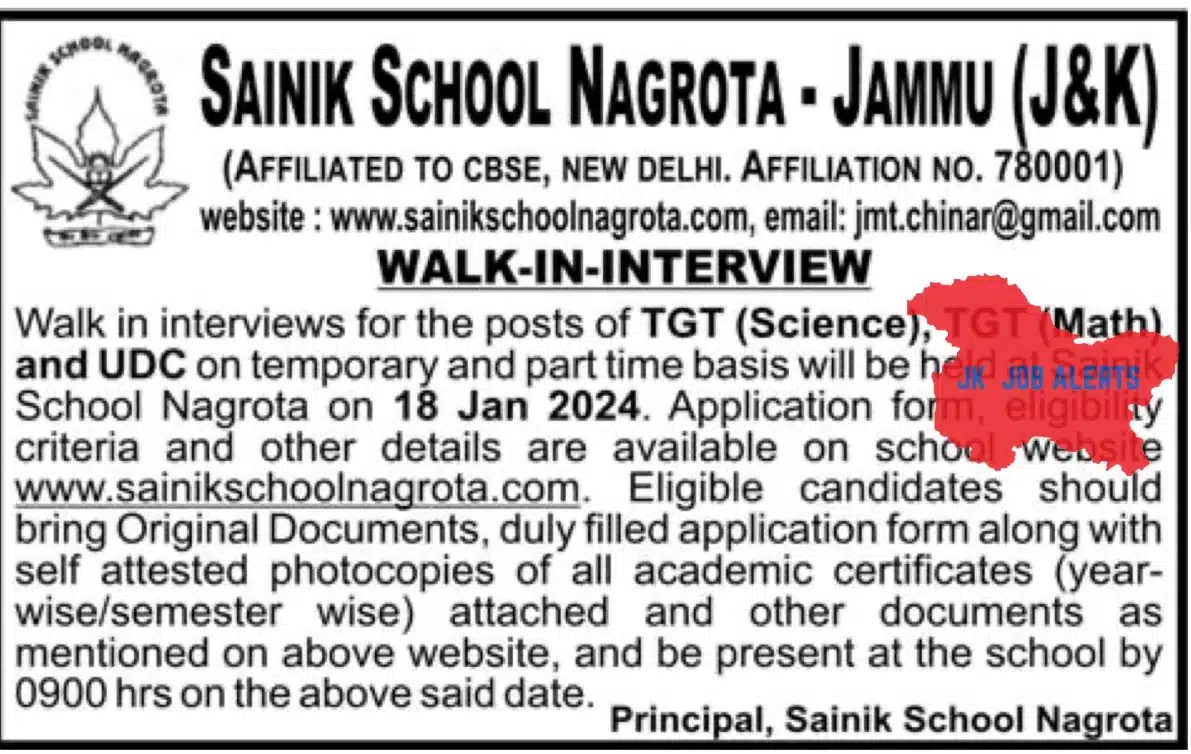 SAINIK SCHOOL NAGROTA JAMMU J&K JOB ADVERTISEMENT TGT TEACHER 2024 JK