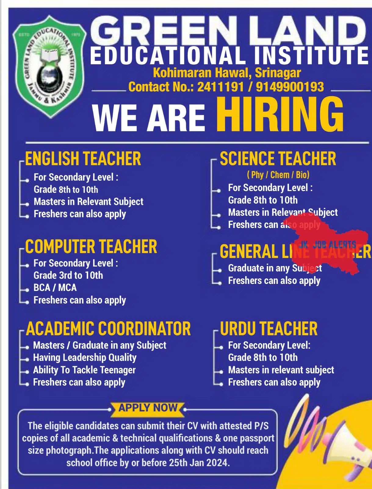 GREEN LAND EDUCATIONAL INSTITUTE HAWAL JOBS ADVERTISEMENT 2024 JK Job