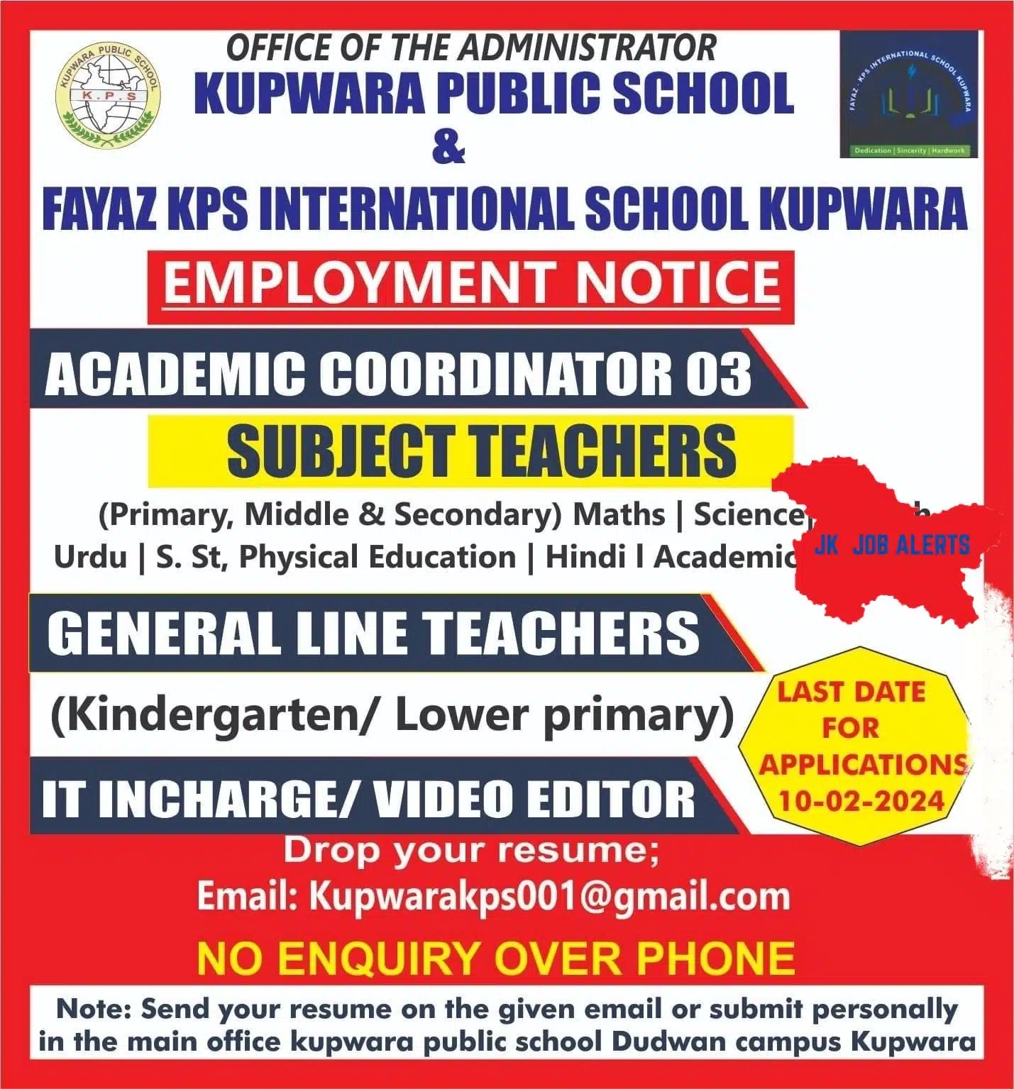 KUPWARA PUBLIC SCHOOL EMPLOYMENT NOTICE 2024 Jk Job alerts Jammu