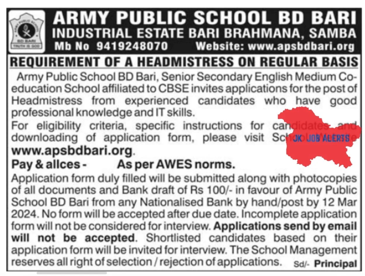 ARMY PUBLIC SCHOOL BD BARI INDUSTRIAL ESTATE BARI BRAHMANA, SAMBA JOB