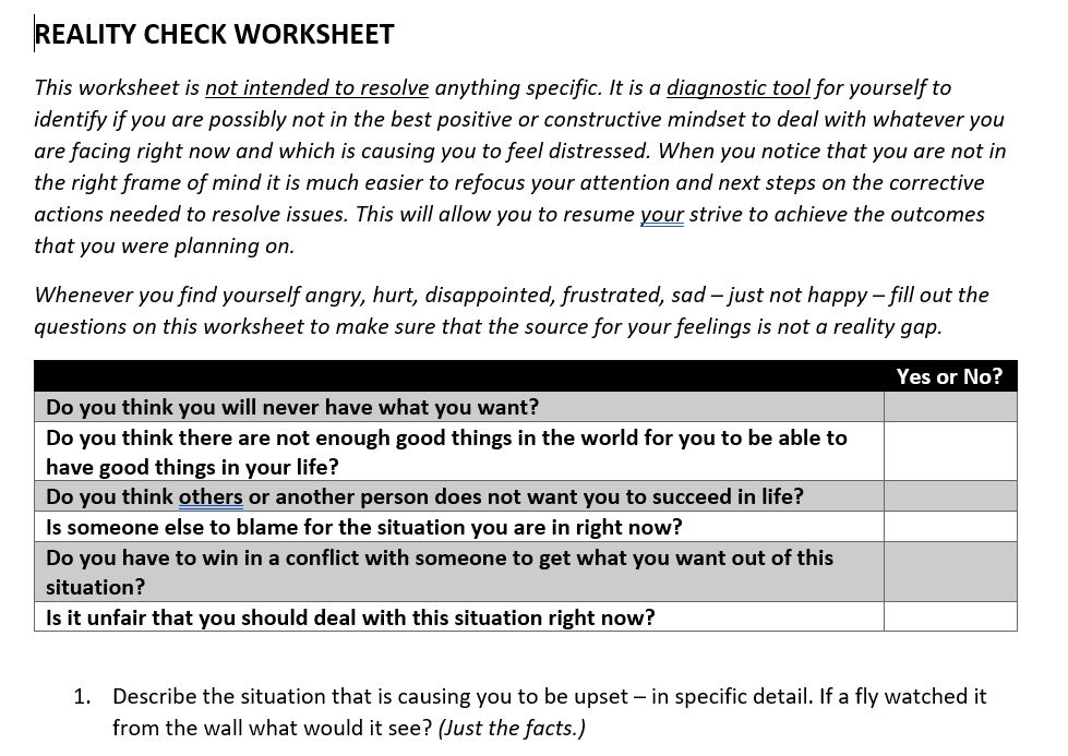 Use a reality-check worksheet for a Positive Mindset – Recycled