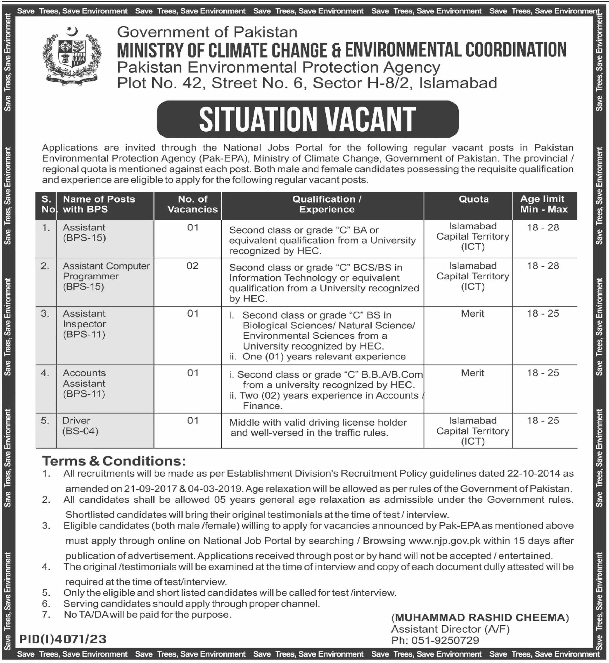 Pakistan Environmental Protection Agency EPA Jobs 2024 Latest Vacancies