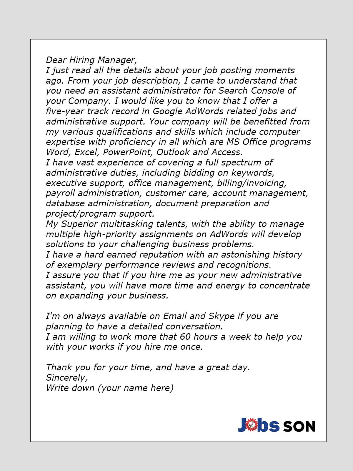 Upwork Cover Letter Sample for Ads, Analytics and Search Console