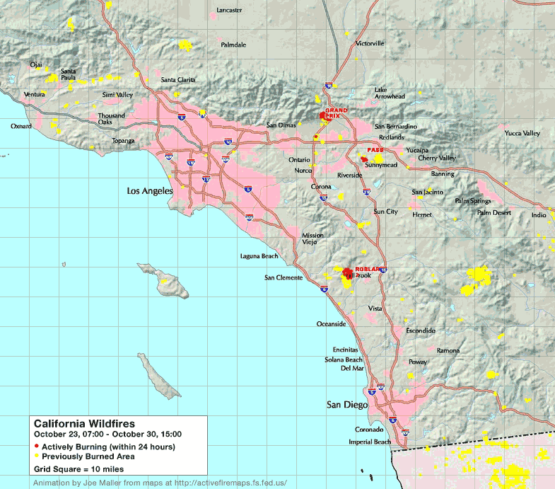 2003 California Fire Map Animated Map of California Wildfires, October 2003
