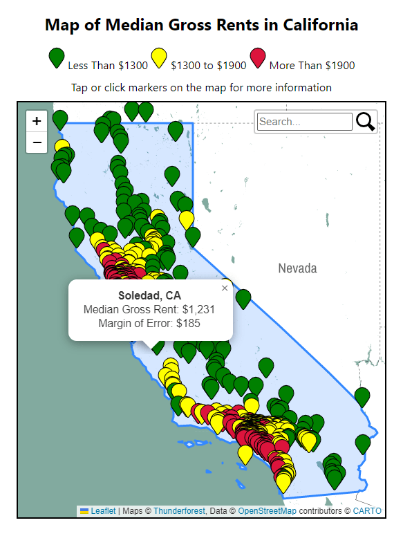 Interactive Map of Median Rental Rates for Towns and Cities in California