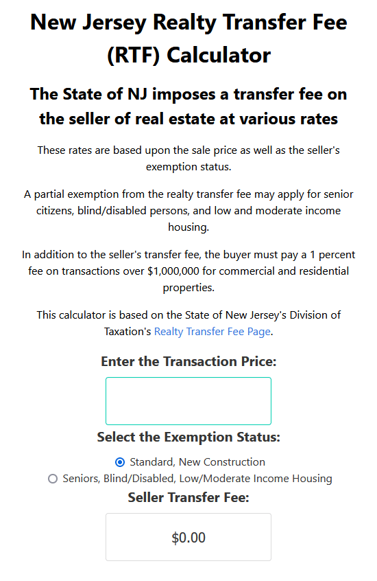 New Jersey Online Realty Transfer Fee (RTF) Calculator