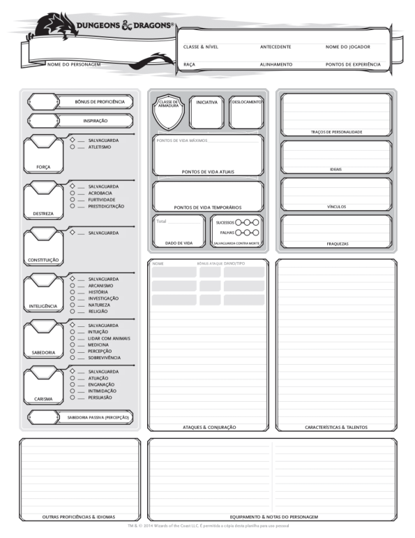 D&D 5E Ficha oficial editável em português! Joga o D20