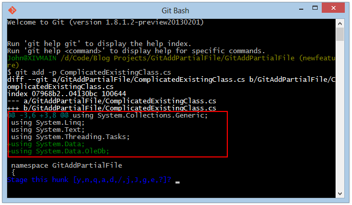 Git Interactively Stage Portions of a Single Changed File for Commit