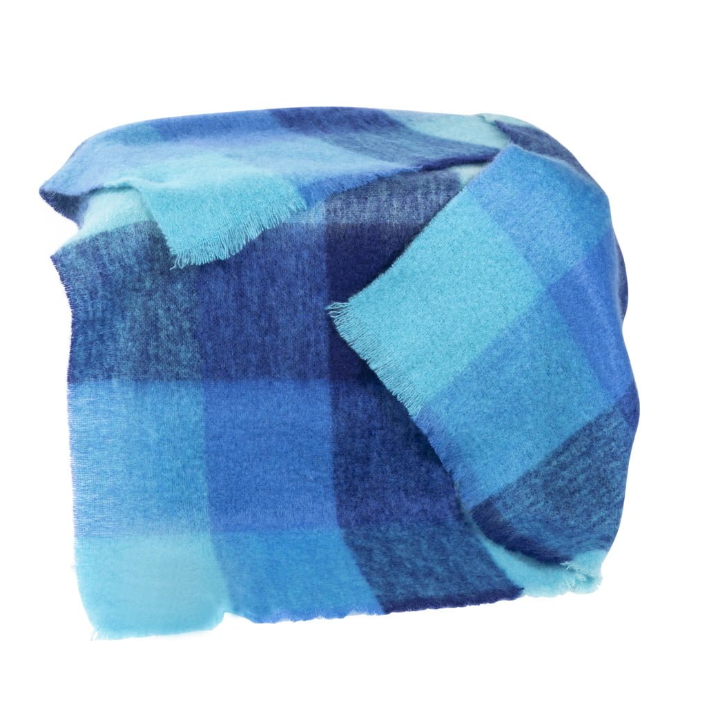 Mohair Throw Aqua Blue Navy Block Check John Hanly & Co