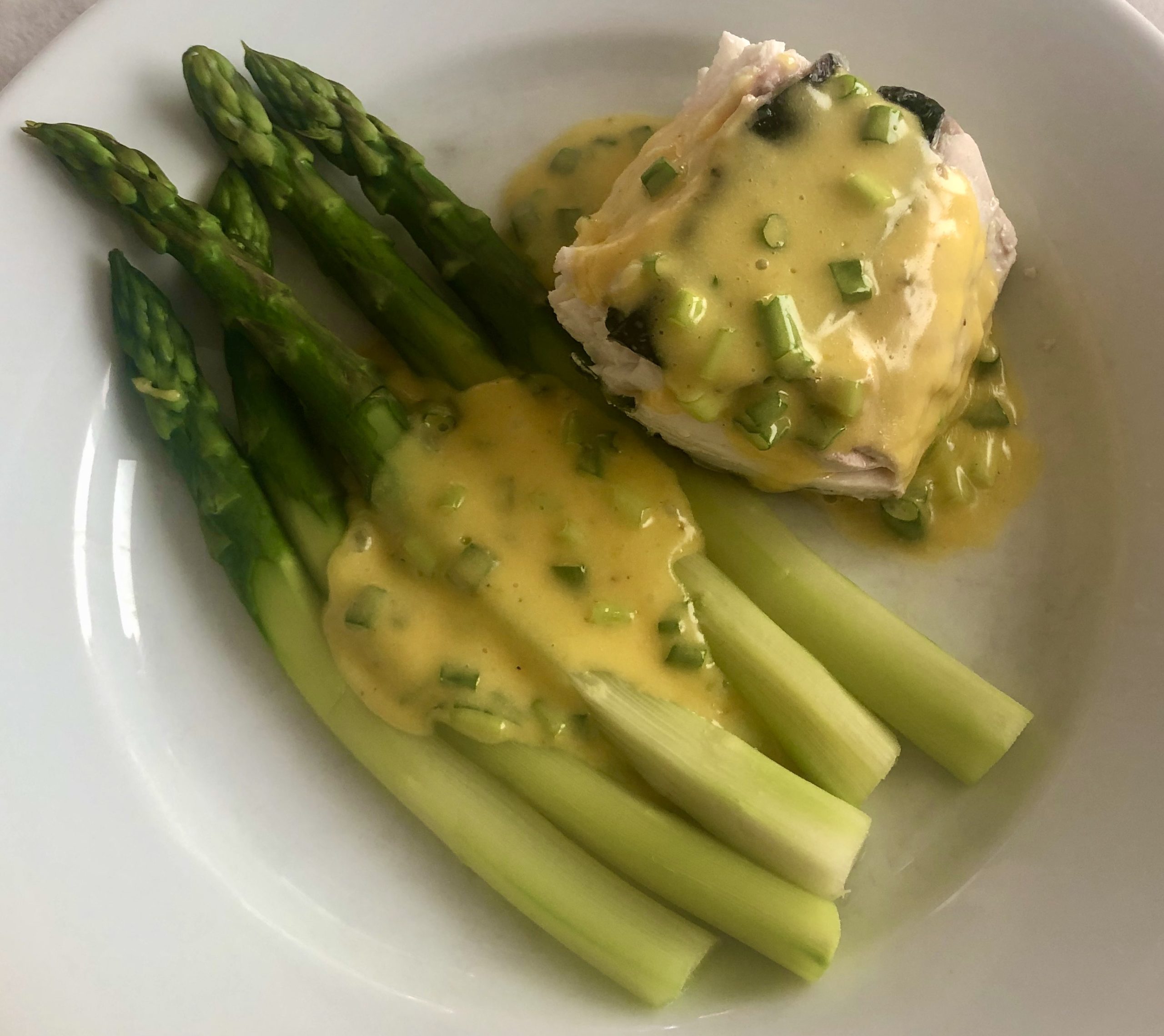 STEAMED HALIBUT AND ASPARAGUS WITH CHIVE HOLLANDAISE John Pleshette