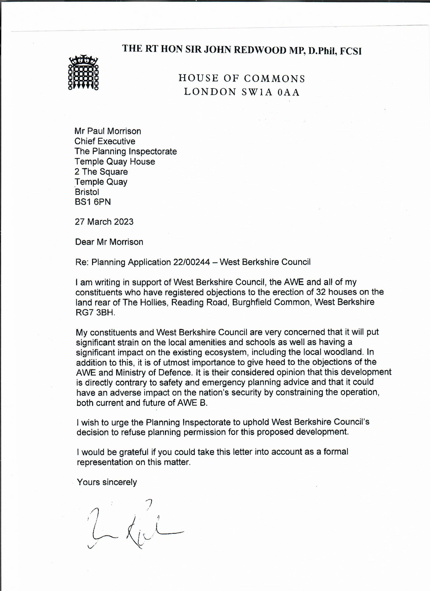 My letter to the Planning Inspectorate John Redwood's Diary