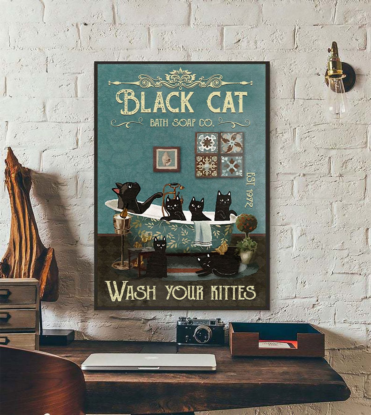 Cat Poster Black Cat Bath Soap Co. Wash Your Kittes Poster, Black Cat