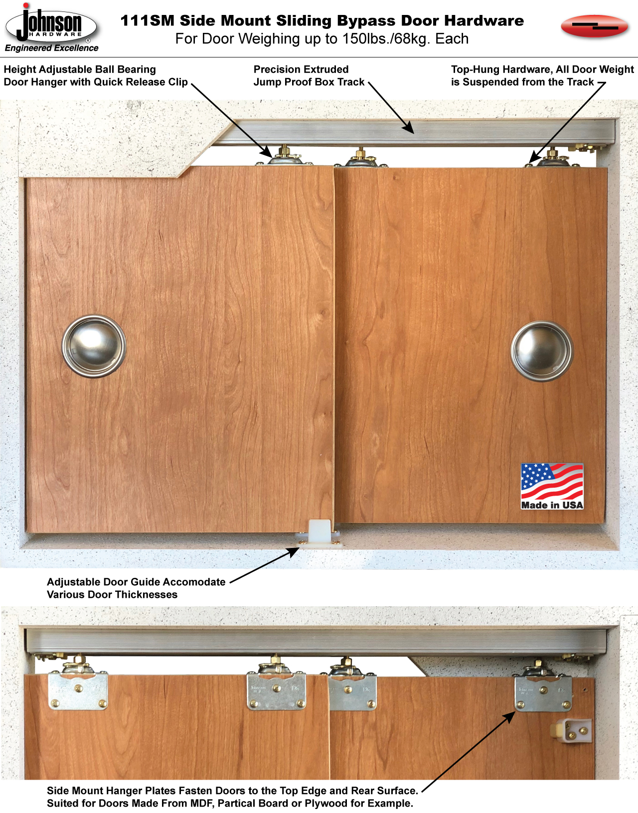 111sm Side Mount Sliding Bypass Door Hardware Johnsonhardware Com Sliding Folding Pocket Door Hardware