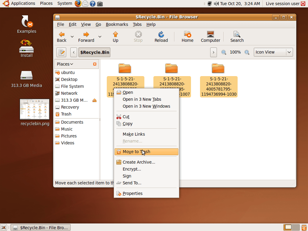 How to use Ubuntu Live 9.04 CD to delete files in your Windows Recycle bin.