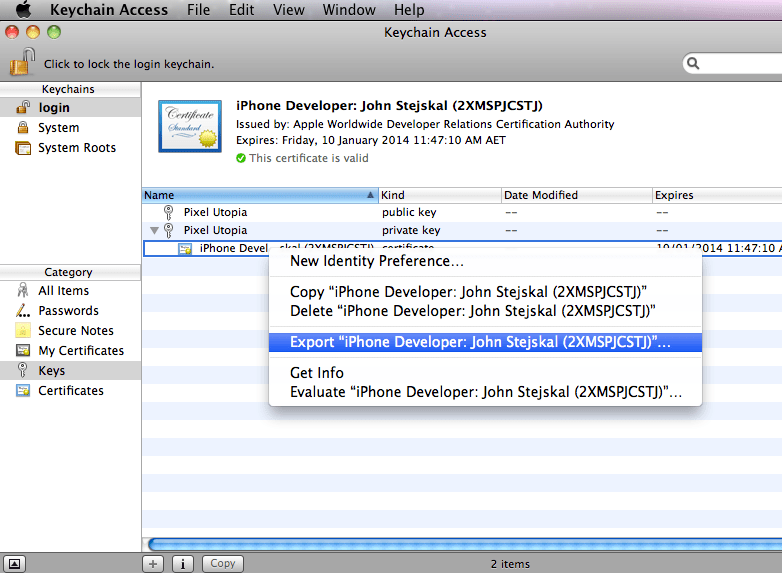 How to generate .p12 file on a mac using Keychain Access John