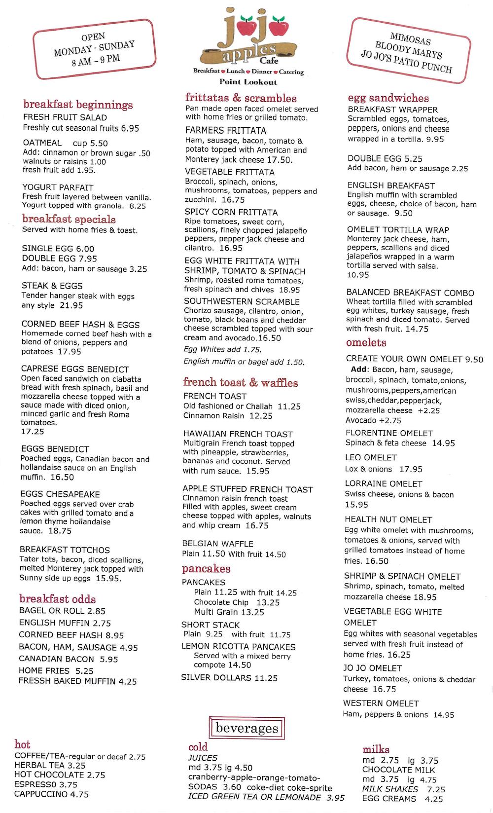 JoJo Apples Cafe Breakfast Menu