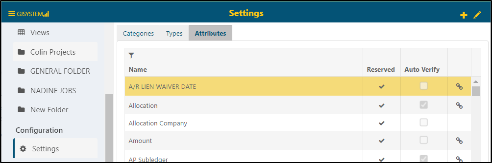 Jonas Documents > Settings > Attributes Jonas Construction Software