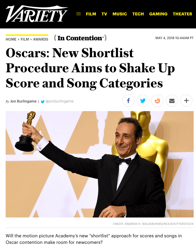 New Oscar "shortlist" for songs, scores Jon Burlingame
