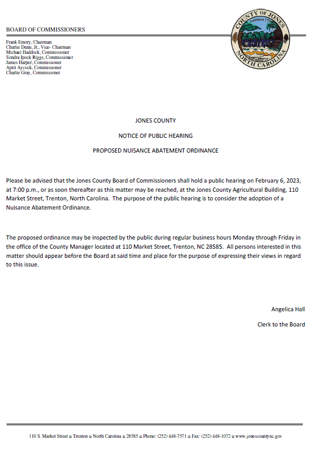 Notice of Public Hearing Proposed Nuisance Abatement Ordinance