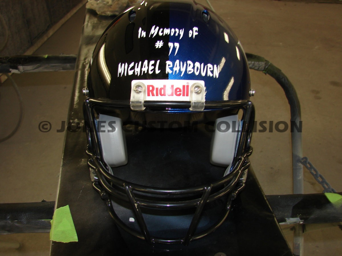 PAINTED FOOTBALL HELMET AND TINS FOR MEMORIAL AUCTION Jones Custom
