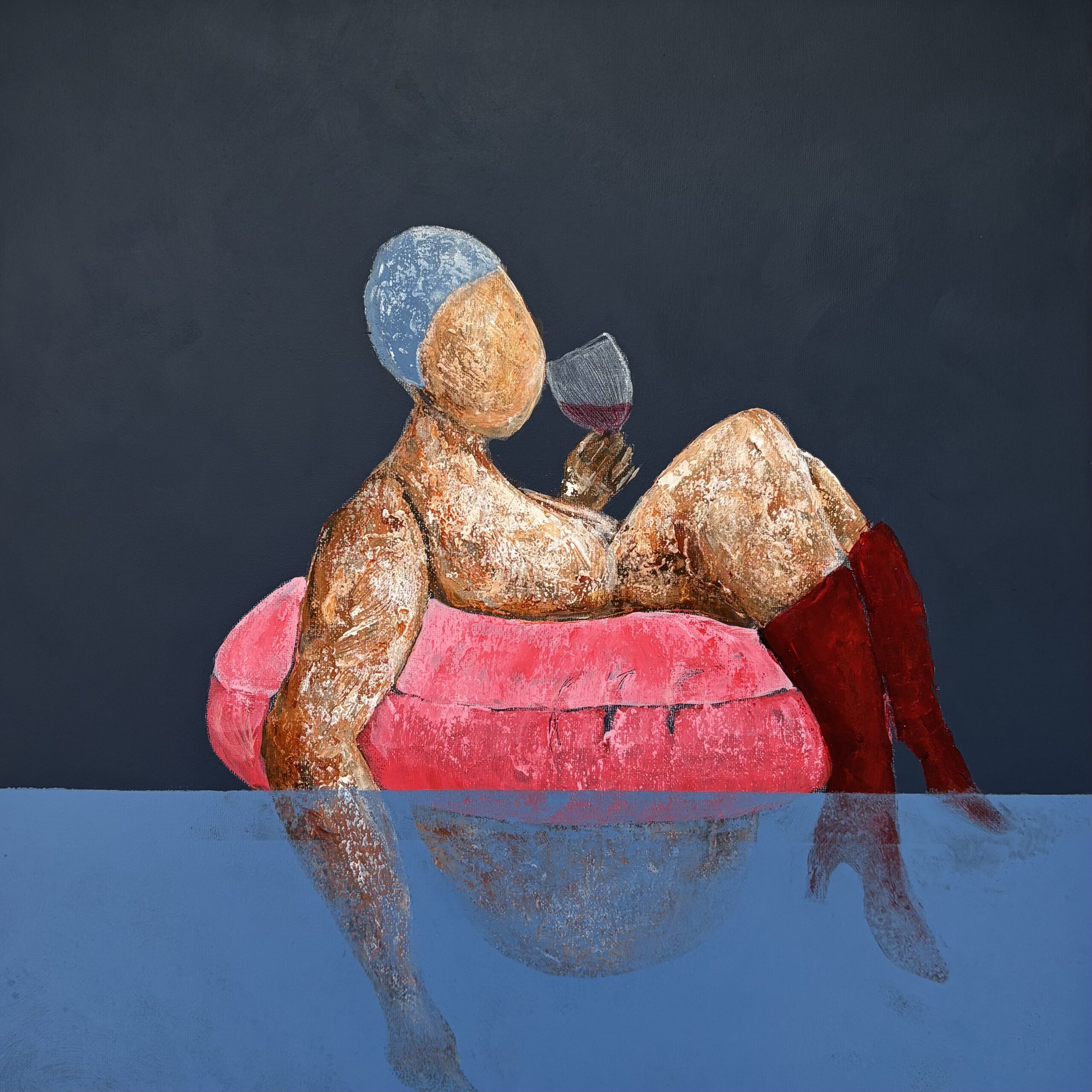 SOLGT! Fru Willendorf elsker vin i poolen. 40 x 40 cm