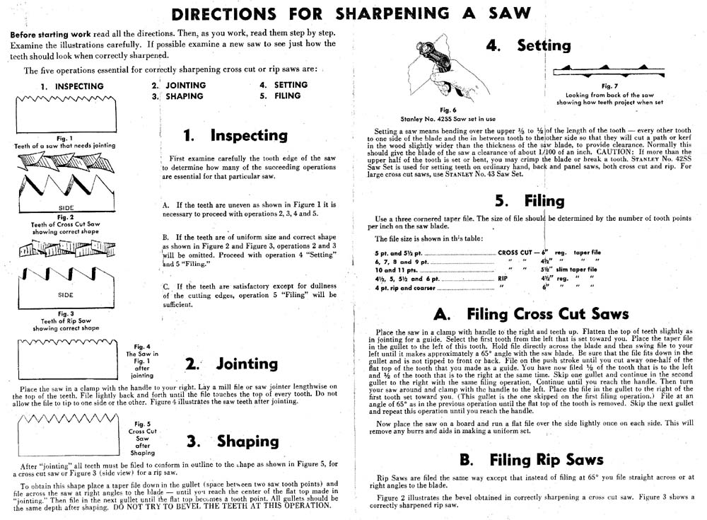 Stanley Directions for Sharpening saws