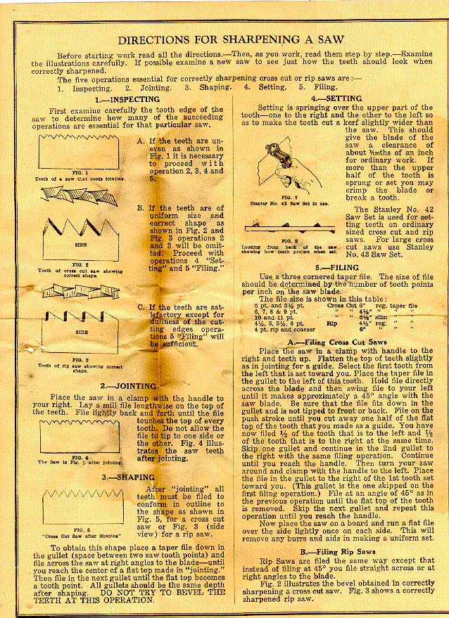 Stanley Directions for Sharpening saws