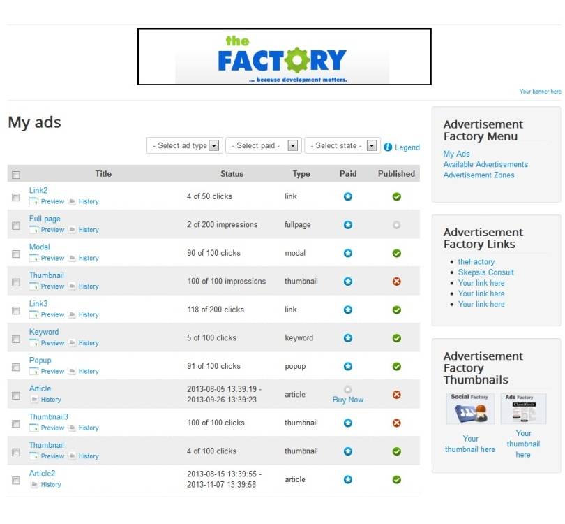 Serviciu pentru crearea unui cadru component pentru Joomla Advertisement Factory: extensie pentru monetizarea reclamelor pe Joomla