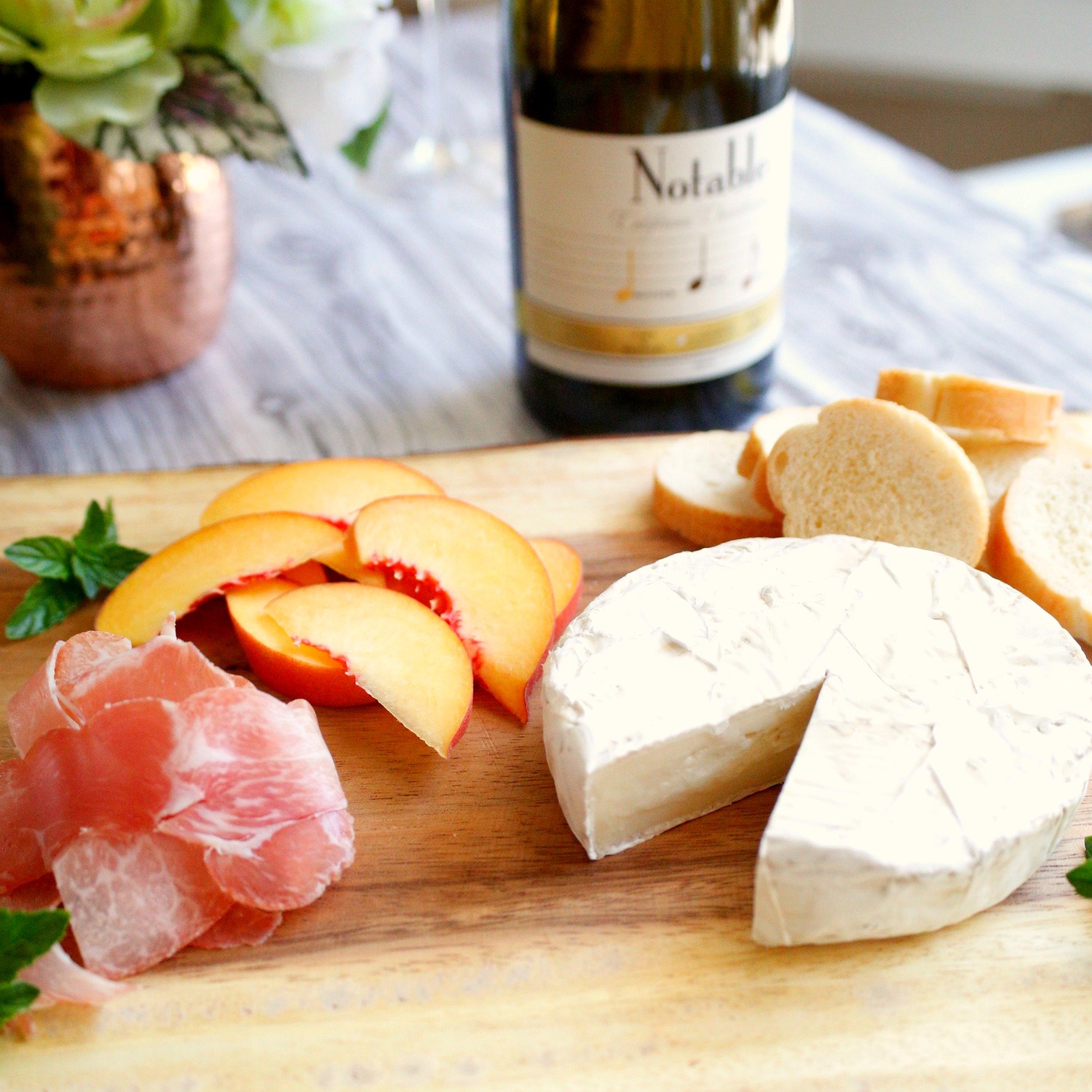 Notable Wines Chardonnay Hors D'Oeuvre pairing Brie, Peach, and Prosciutto Crostini Jordan's