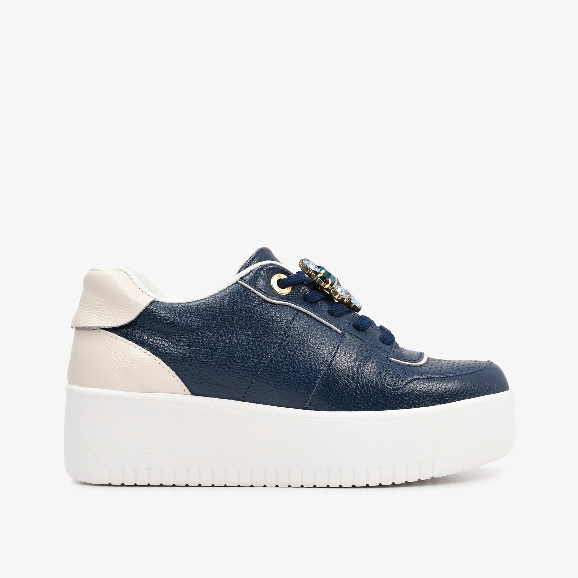 Tênis Flatform Azul Marinho Pedrarias Couro Sapatos, Bolsas