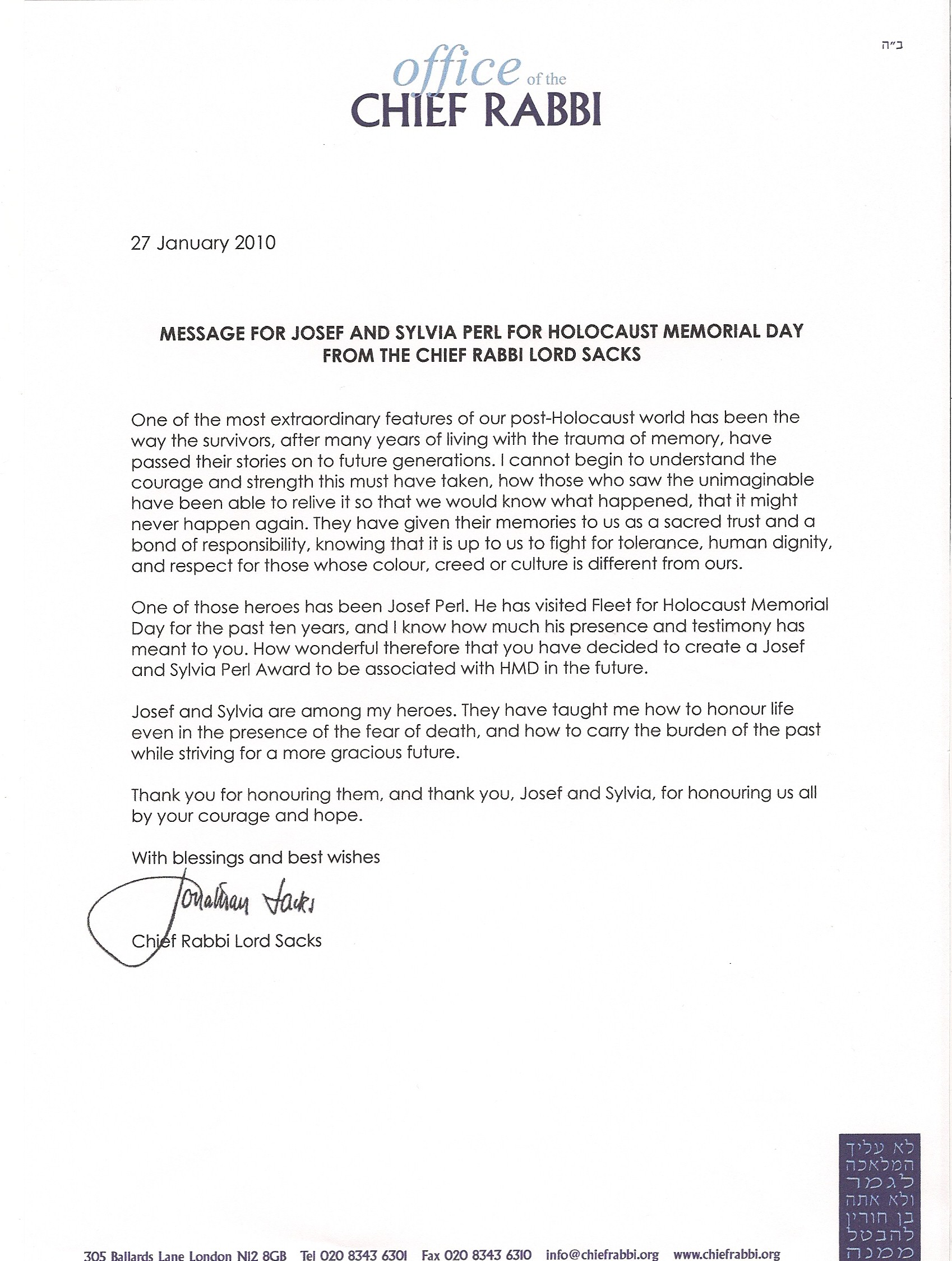 Josef Perl Letter from the Chief Rabbi