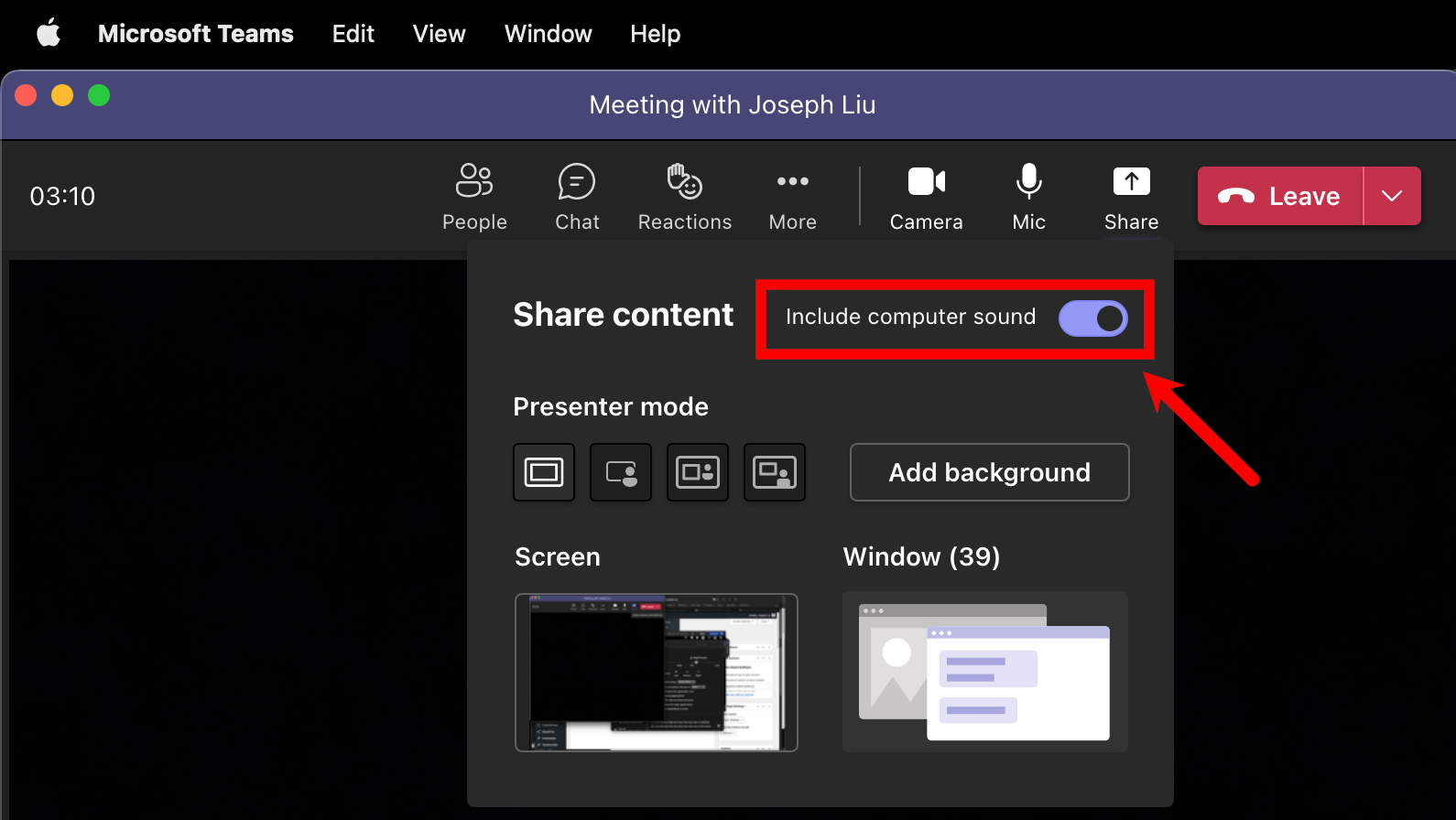 share presentation with sound on teams