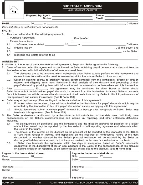 Short Sale Addendum Loan Discount Approval — RPI Form 274 first